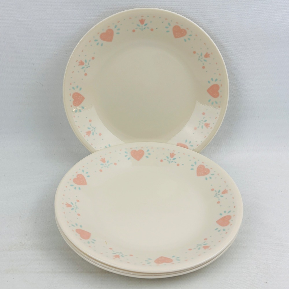 Corelle Forever Yours 4 Bread & Butter Plate Set Country Hearts Pink Blue 6.75"